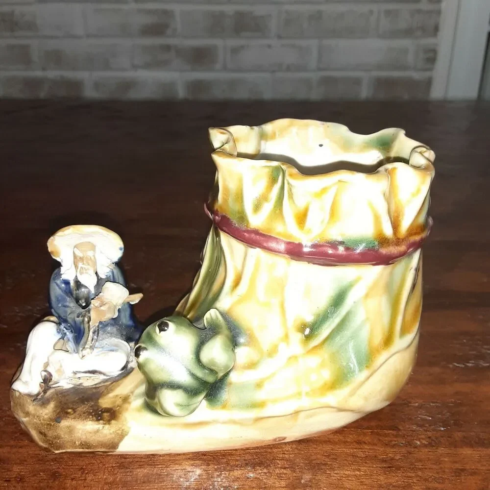 Vintage Asian Boot Vase W/ Wise Man& Frog